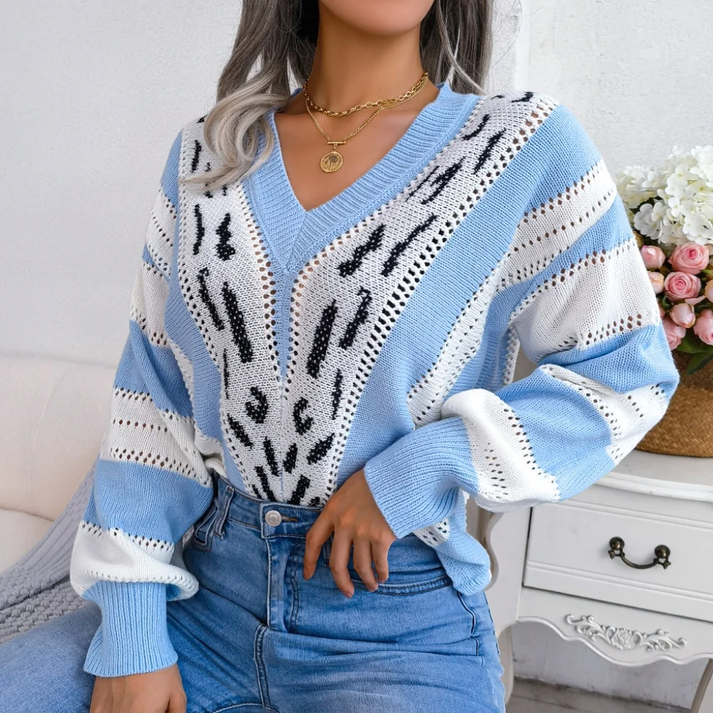 Striped Leopard Print V-Neck Balloon Sleeve Sweater - Picture 7 of 12